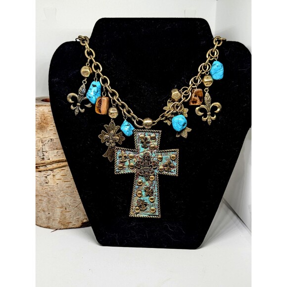 Vintage Yousi You and I Large Cross Pendant Fleur De Lis Charms Beaded Necklace - Picture 1 of 7